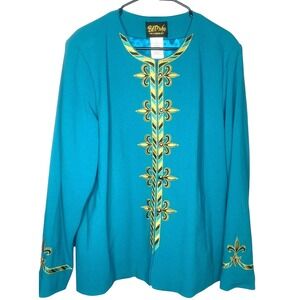 Bob Mackie‎ Wearable Art Jacket Teal Gold Fleur-de-lis Blazer Button Size Large